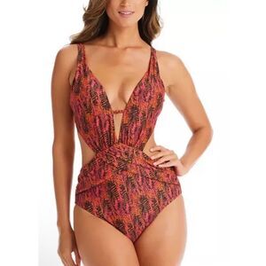 Bar III Viper Snakeskin Print Cut Out Monokini Swimsuit Sz Medium Red Black NWT!